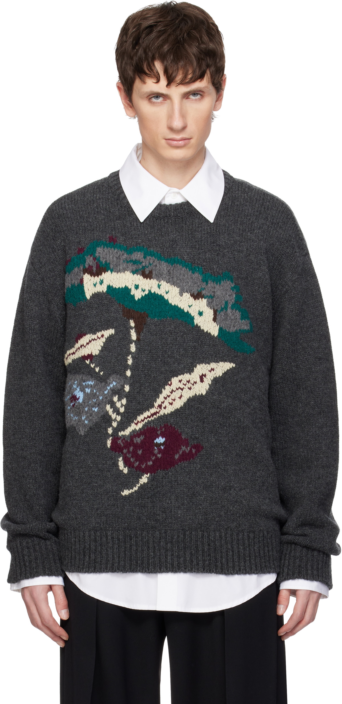 WOOYOUNGMI Gray Flower Jacquard Wool Sweater