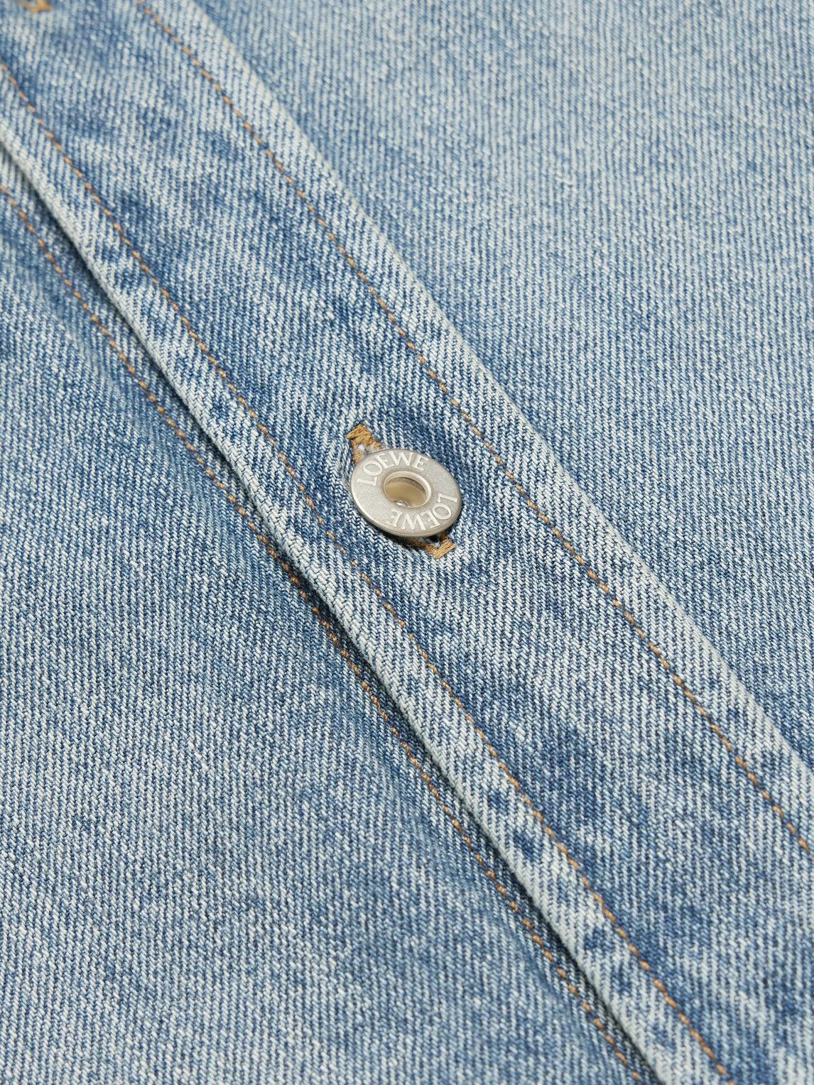 LOEWE - Logo-Embroidered Distressed Denim Overshirt - Blue