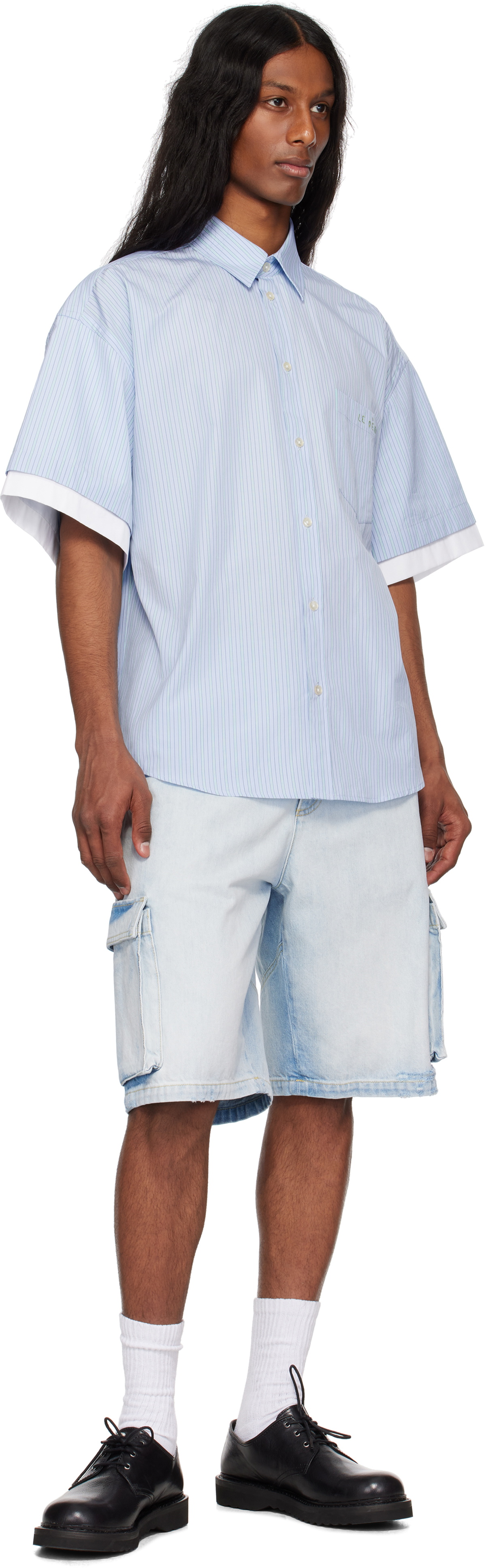 le PÈRE Blue Star Drover Denim Cargo Shorts
