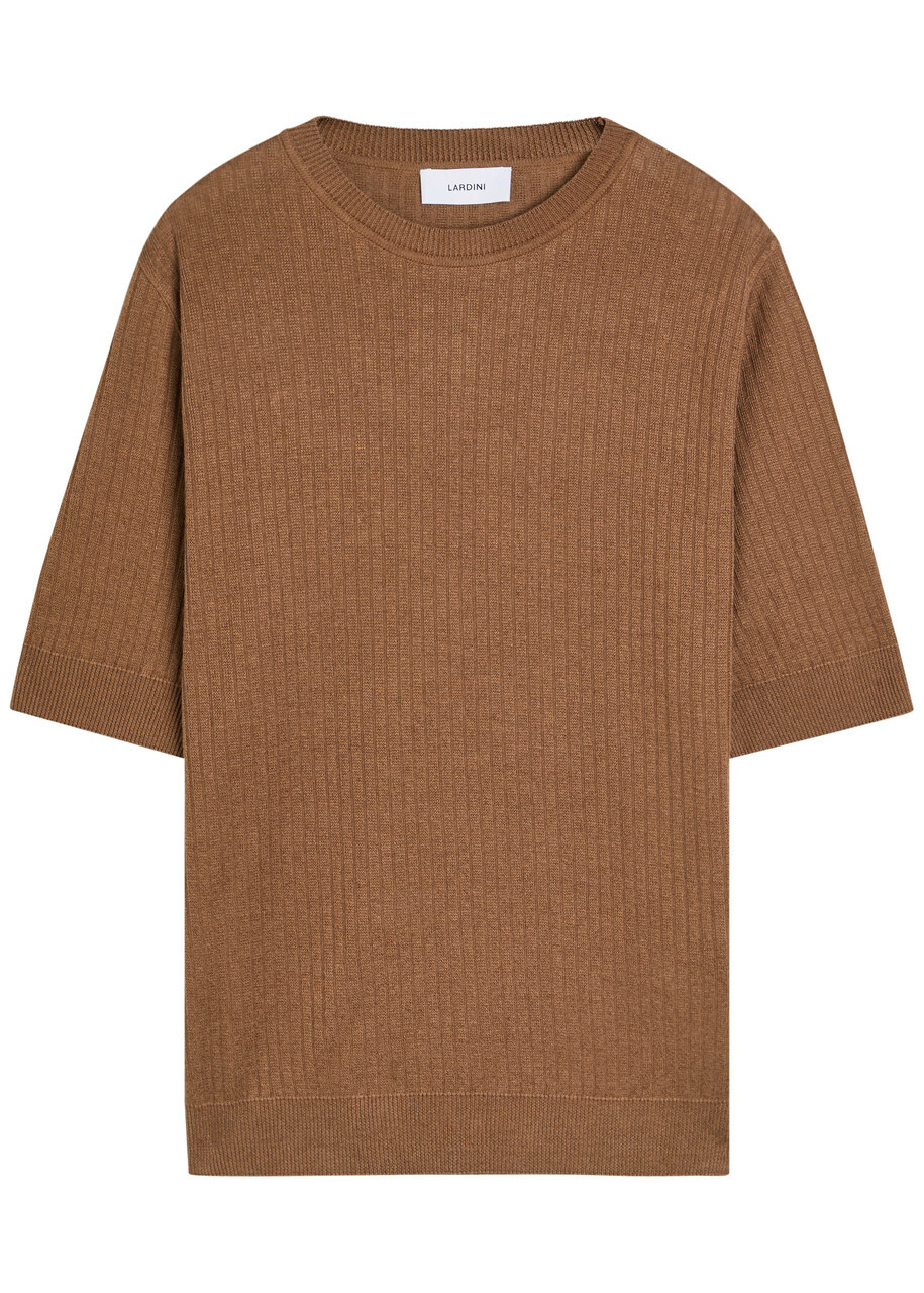 Lardini Ribbed Fine-knit Flax and Cotton-blend T-shirt Brown