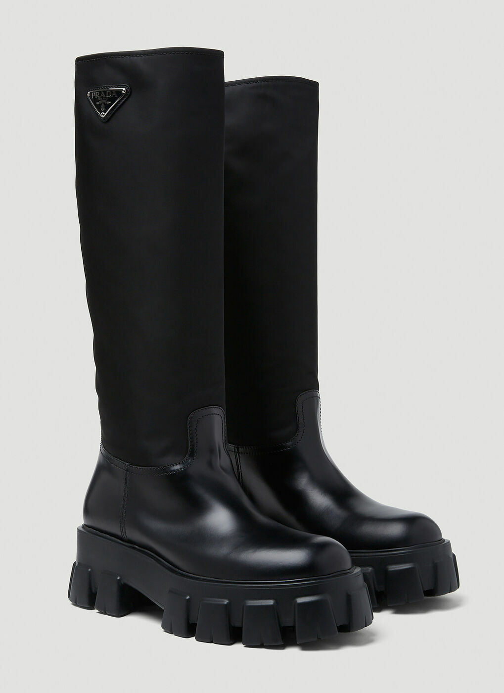 Leather and Re-Nylon Monolith Boots in Black Prada
