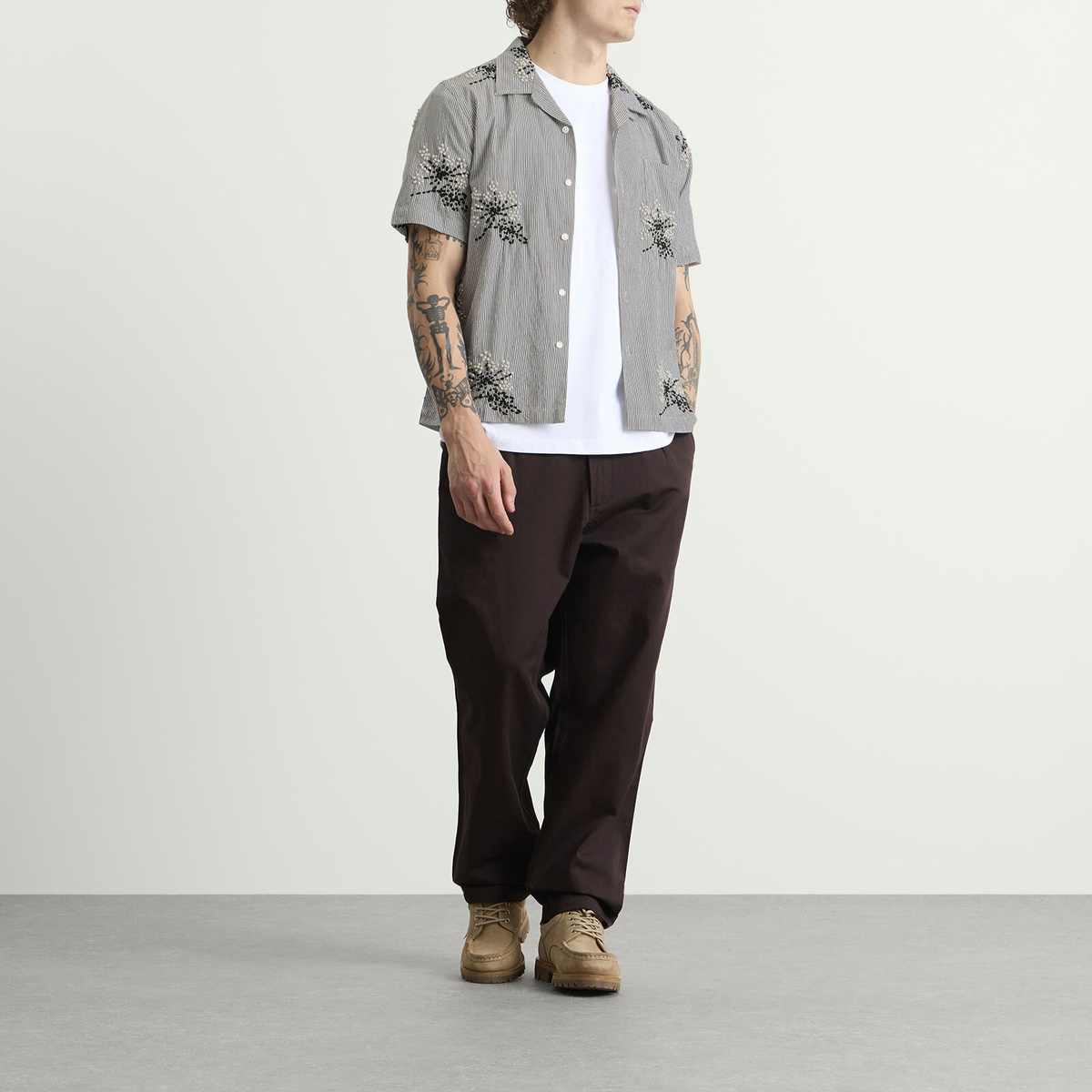 Universal Works Men's Hand Embroidered Stripe Road Shirt in Grey