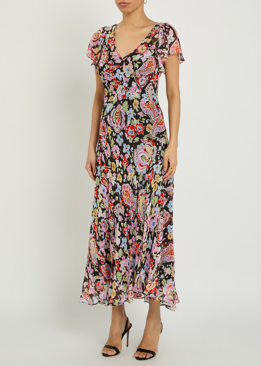 Rixo Bexley Metallic Floral Chiffon Maxi Dress Multicoloured