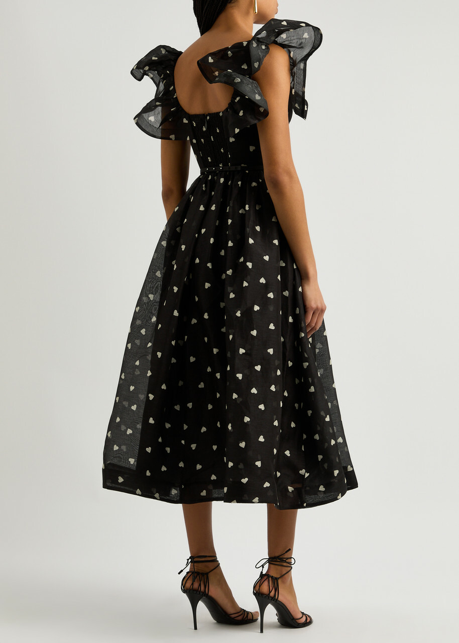 Zimmermann Crush Heart-print Linen-blend Midi Dress Black