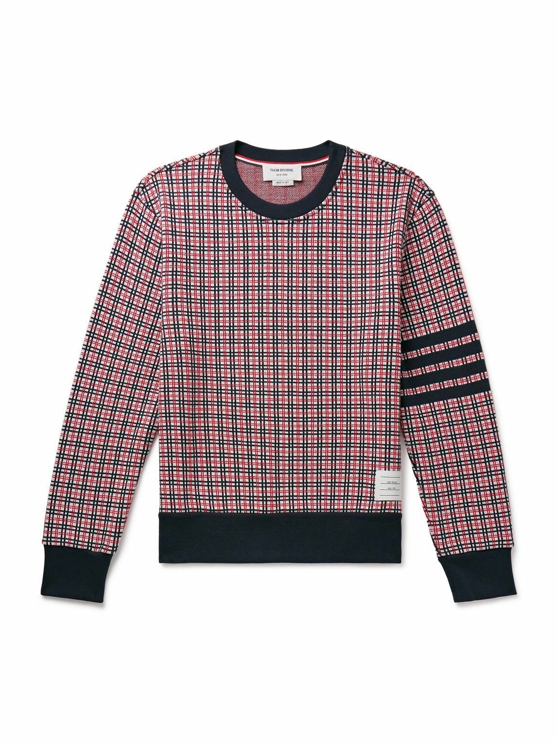 Photo: Thom Browne - Logo-Appliquéd Checked Striped Jacquard-Knit Cotton Sweatshirt - Red