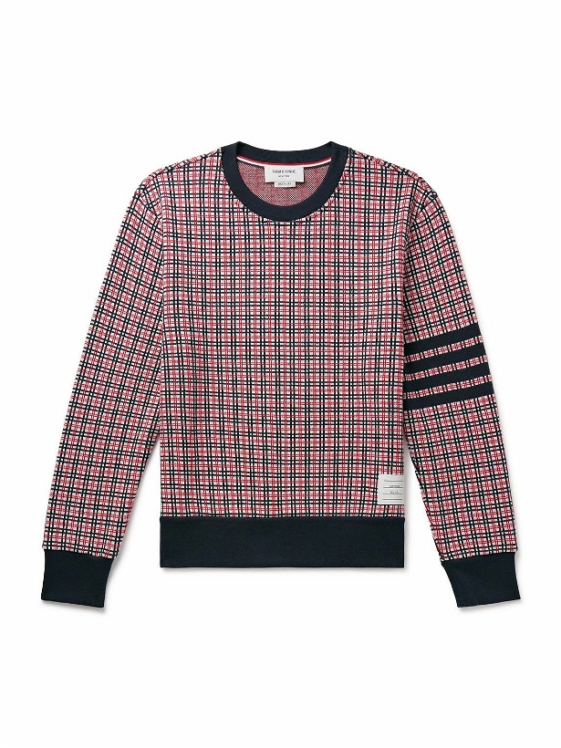 Photo: Thom Browne - Logo-Appliquéd Checked Striped Jacquard-Knit Cotton Sweatshirt - Red