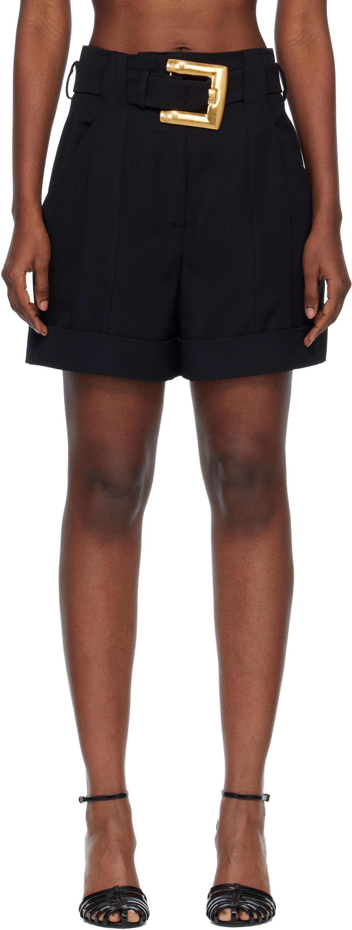 BALMAIN Black Grain De Poudre Belt Shorts