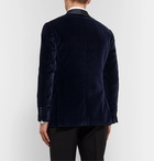 Thom Sweeney - Navy Slim-Fit Double-Breasted Satin-Trimmed Cotton-Velvet Tuxedo Jacket - Blue