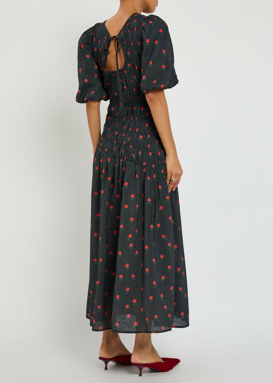 Never Fully Dressed Nara Rose-print Shirred Woven Midi Dress Black