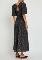 Never Fully Dressed Nara Rose-print Shirred Woven Midi Dress Black