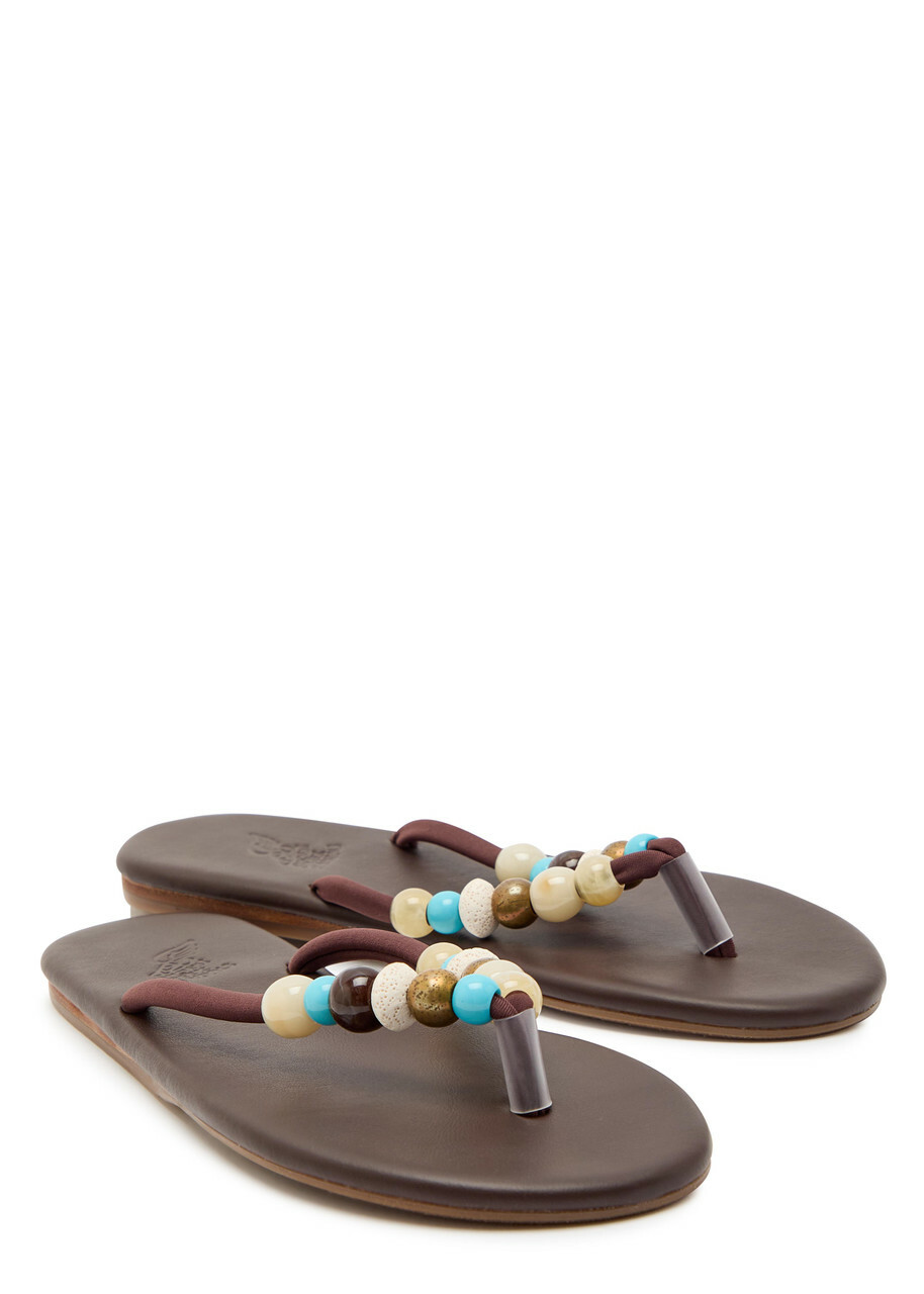 Ancient Greek Sandals Saionara Beaded Leather Sandals Brown