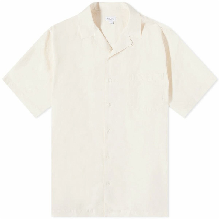 Photo: Sunspel Men's Cotton Linen Short Sleeve Shirt in Ecru