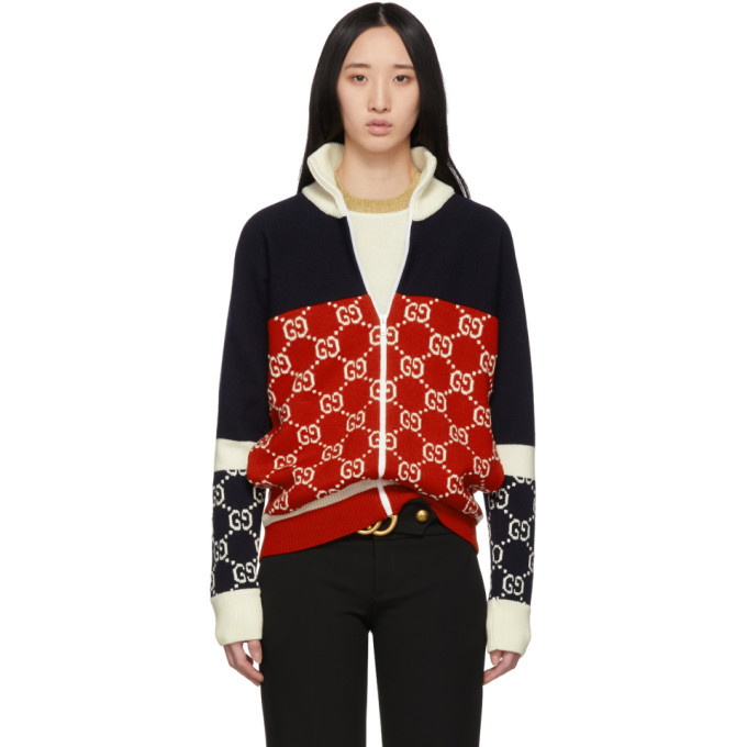 Photo: Gucci Navy and Red GG Zip-Up Sweater