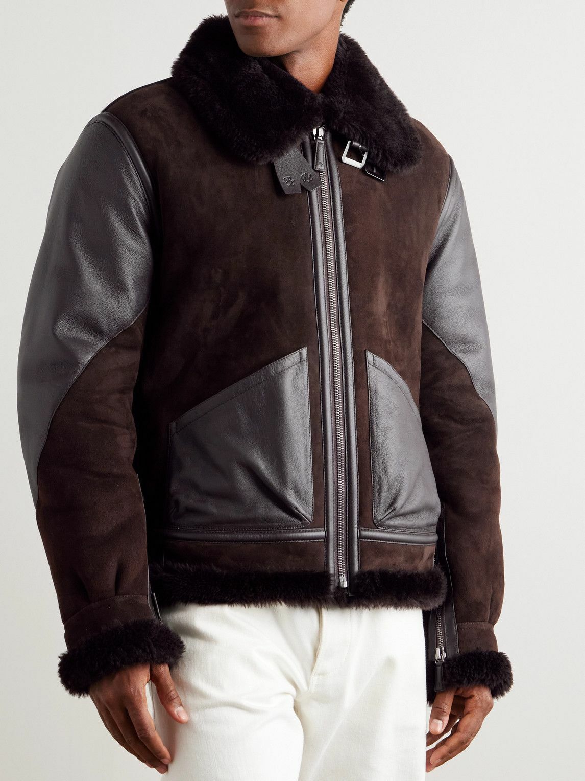 Ralph Lauren Purple label - Lutton Aviator Leather-Trimmed Shearling Jacket - Brown