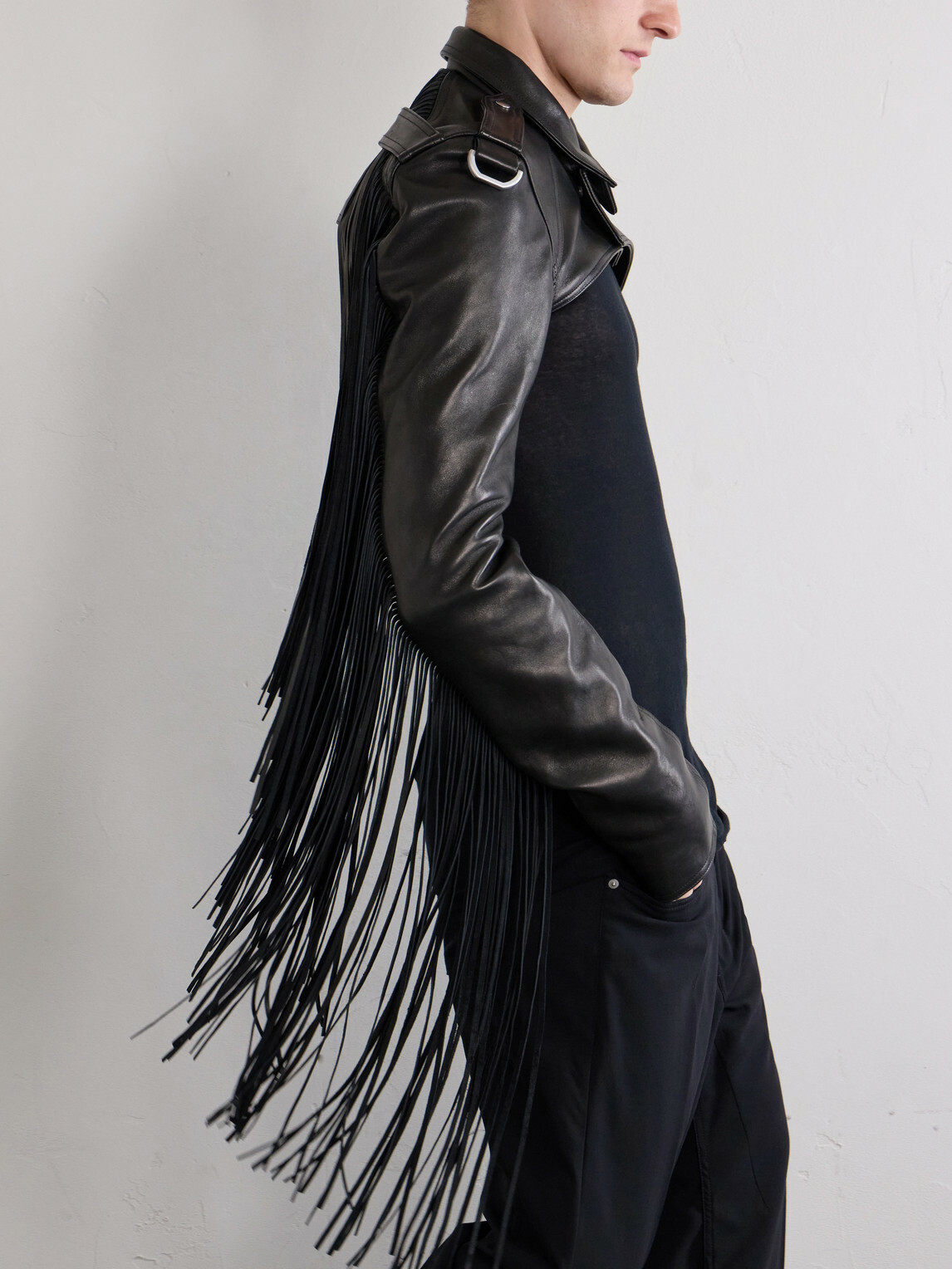 Rick Owens - Microbiker Cropped Fringed Leather Jacket - Black