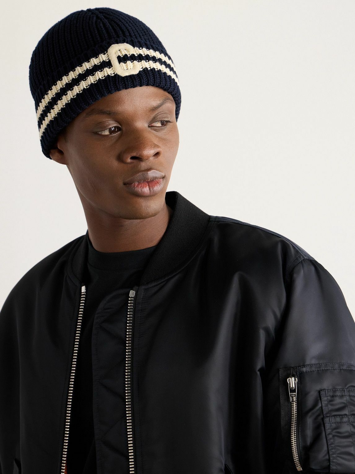 CELINE - Logo-Appliquéd Striped Ribbed Cotton Beanie Celine