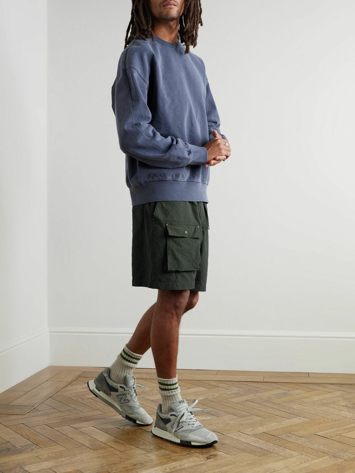 FrizmWORKS - Comfortable Banding Straight-Leg Seersucker Drawstring Cargo Shorts - Gray