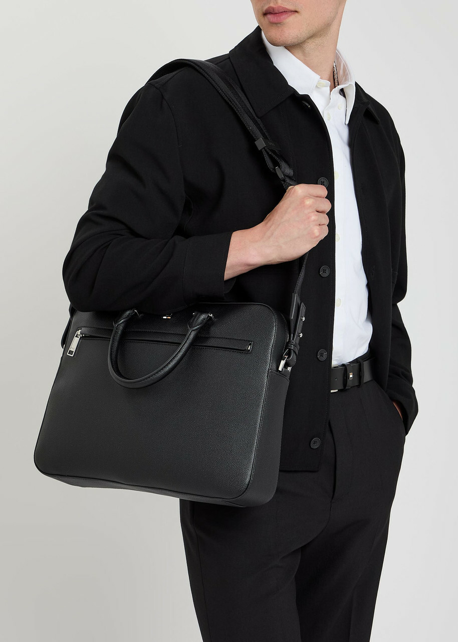 Boss Logo Grained Leather Briefcase - Black - One Size