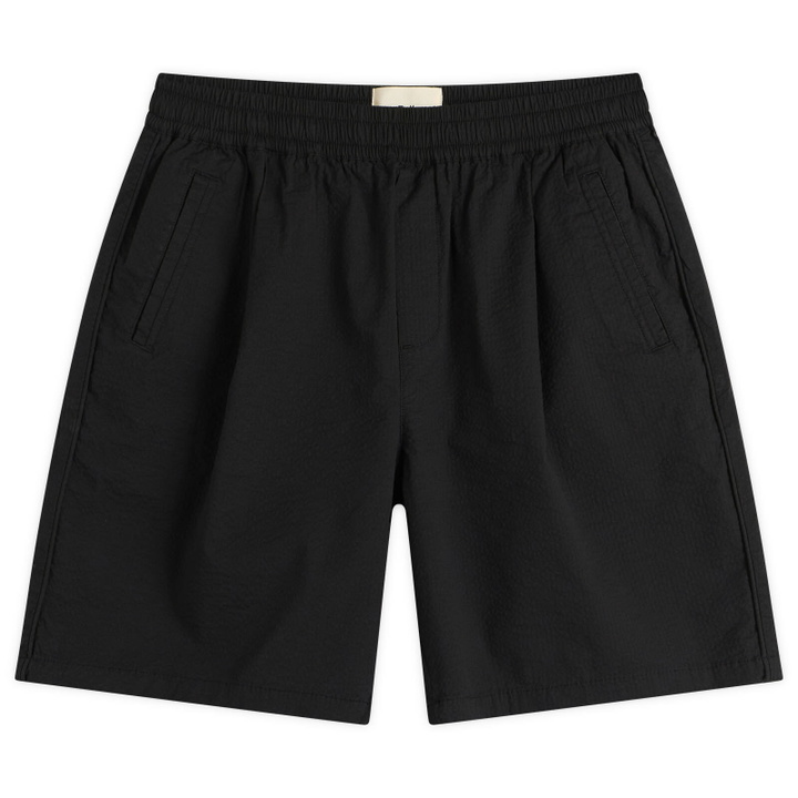 Photo: Folk Men's Relaxed Assembly Shorts in Black Seersucker