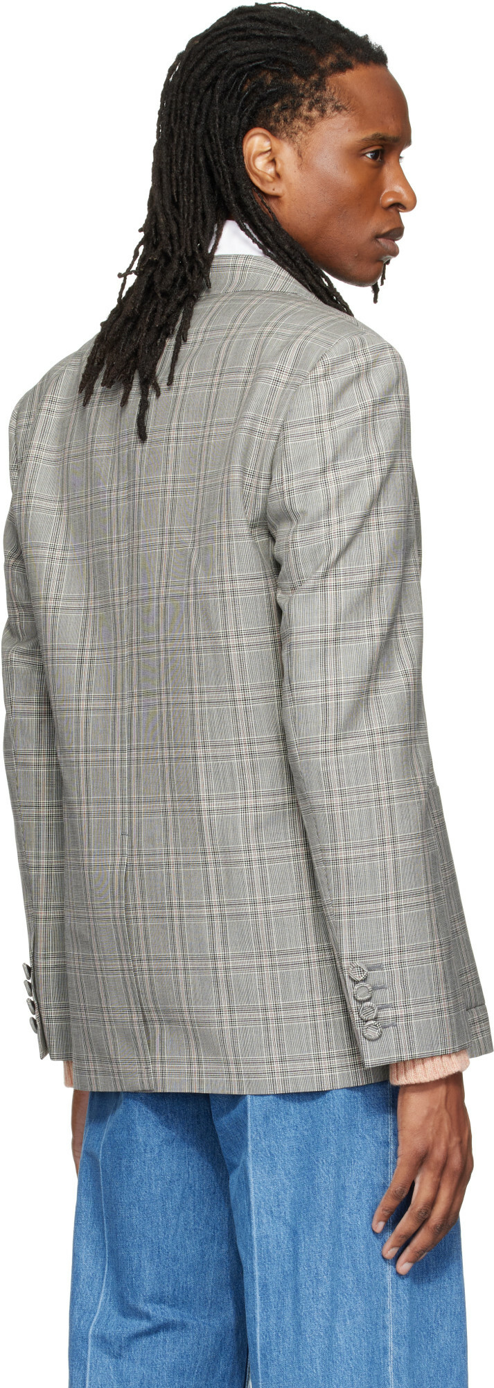 Valentino Gray Double-Breasted Mohair Wool Check Blazer