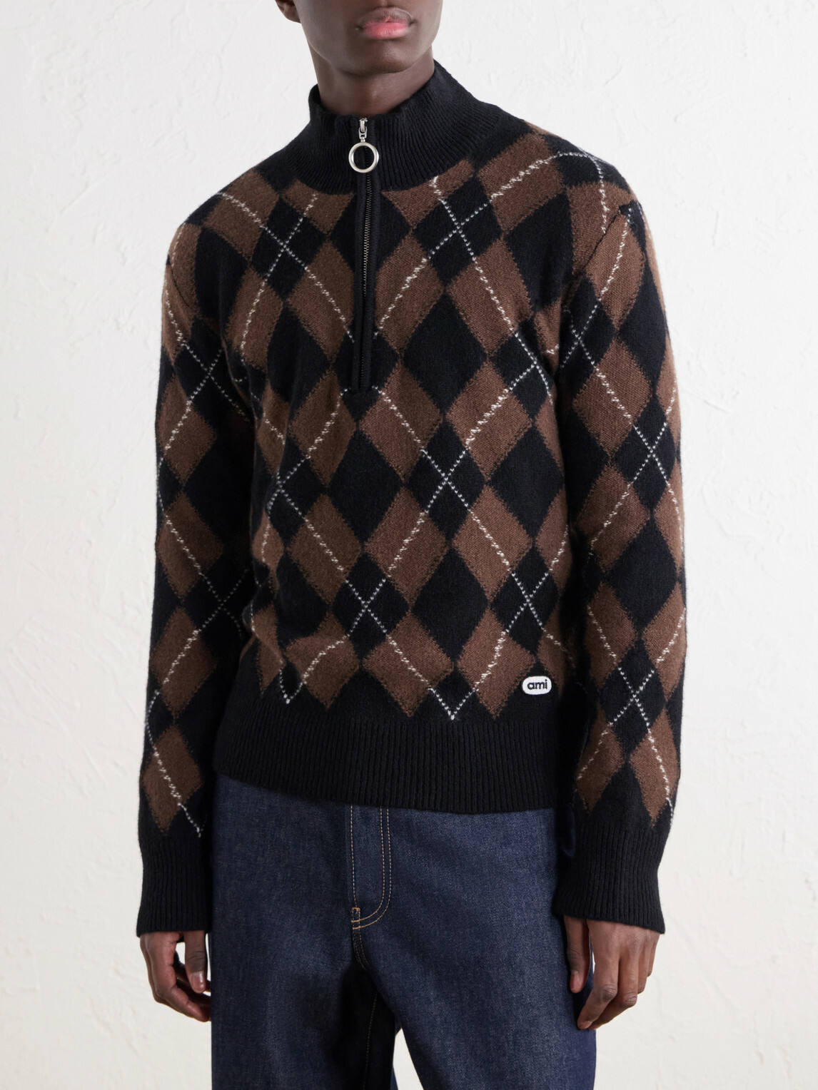 AMI PARIS - Logo-Appliquéd Argyle Virgin Wool Half-Zip Sweater - Brown