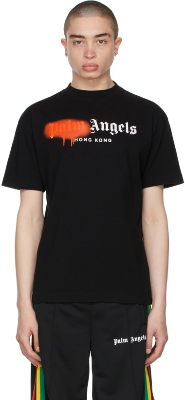 Photo: Palm Angels Black & Orange Sprayed Logo 'Hong Kong' T-Shirt