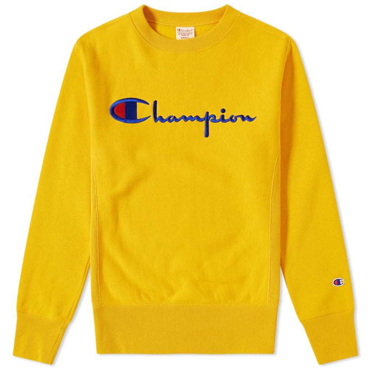Photo: Champion Reverse Weave Script Logo Crew Sweat Yellow