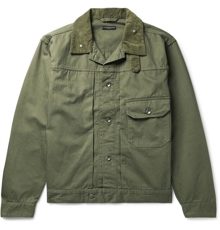 Photo: Engineered Garments - Camp-Collar Corduroy-Trimmed Herringbone Cotton-Twill Trucker Jacket - Green