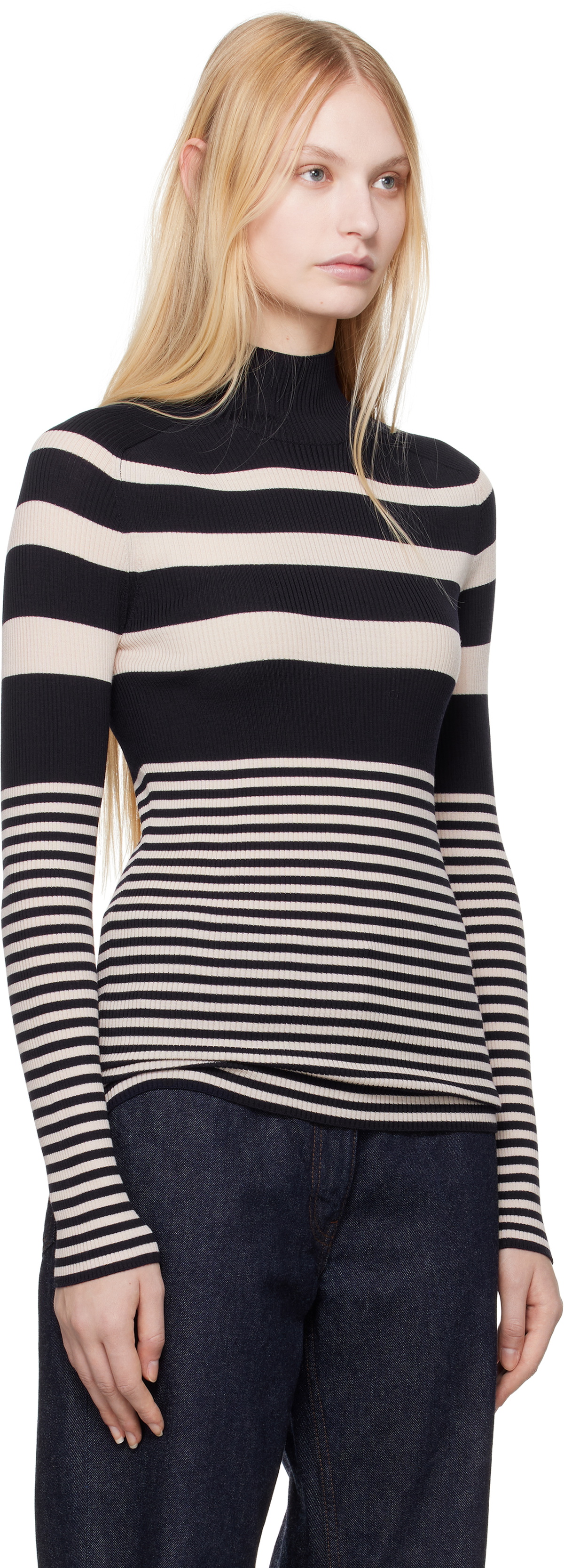 Moncler White & Blue Striped Wool Turtleneck
