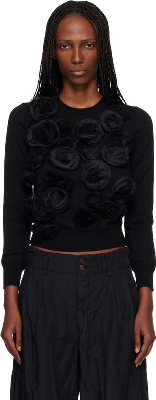 Photo: Comme des Garçons Comme des Garçons Black Lambswool Jersey X Flower Embroidery Crewneck Sweater