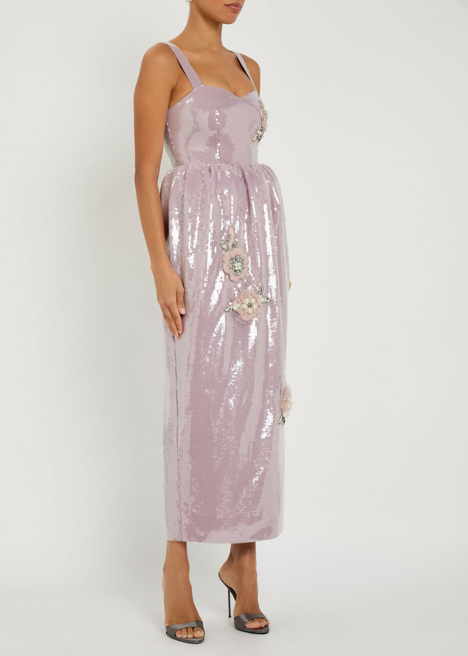 Huishan Zhang Esmeralda Floral-appliquéd Sequin Midi Dress Lilac