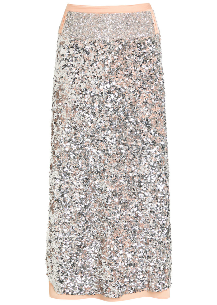 Rabanne Sequin-embellished Satin Midi Skirt Silver