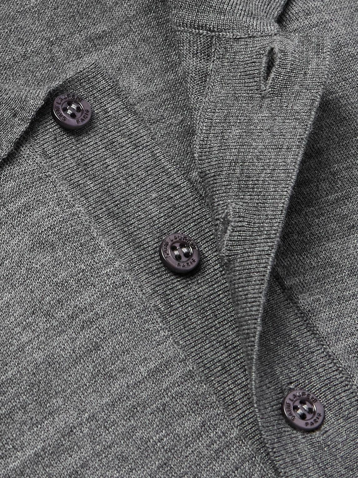 SAINT LAURENT - Cassandre Logo-Embroidered Wool Polo Shirt - Gray