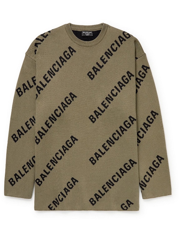 Photo: Balenciaga - Oversized Logo-Intarsia Cotton-Blend Sweater - Neutrals