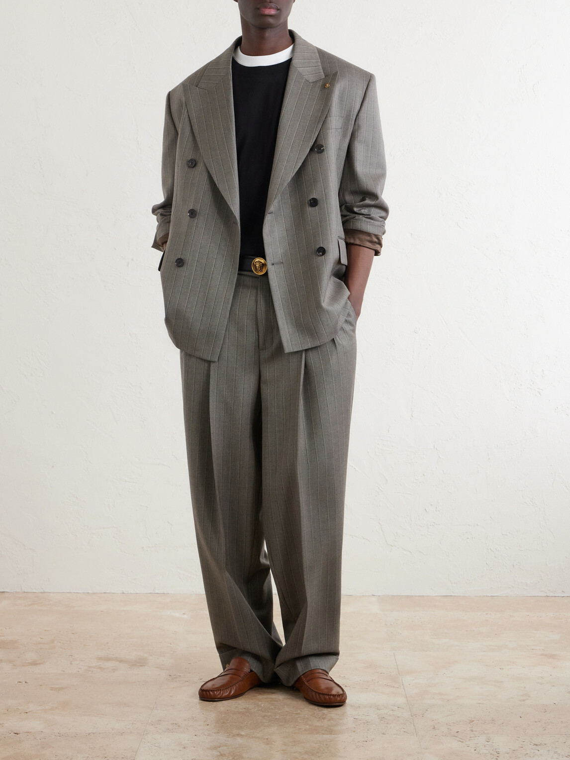 Versace - Pleated Pinstriped Virgin Wool-Twill Trousers - Gray