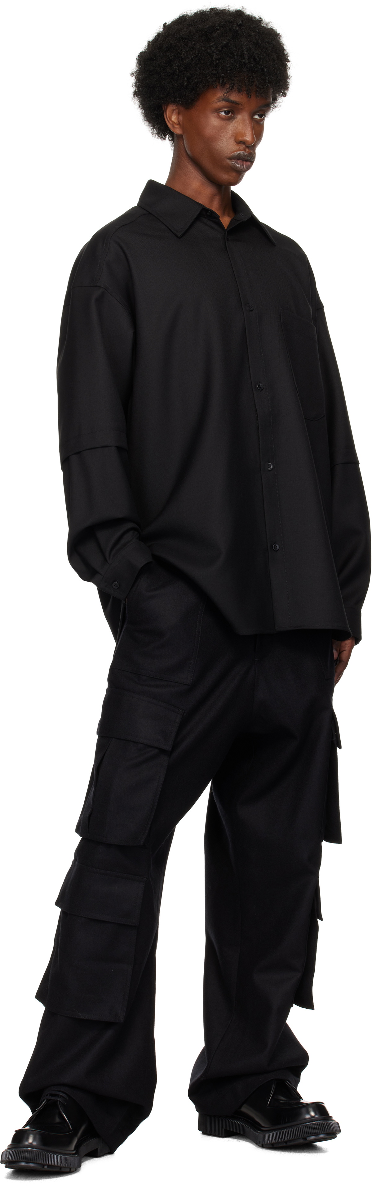 Lownn Black Wool Twill Layered Shirt