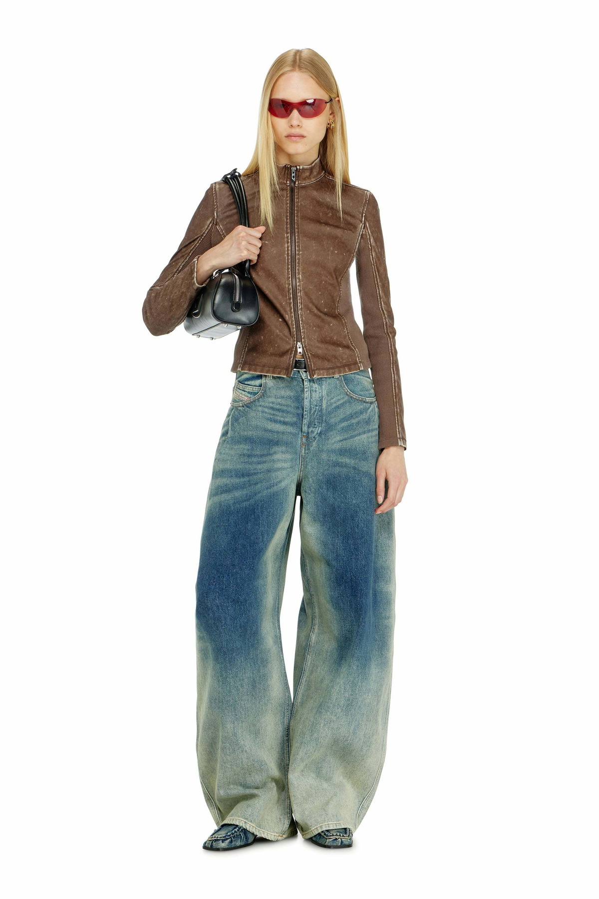 Diesel Biker jacket with rib-knit inserts - Tops Womens in Brown