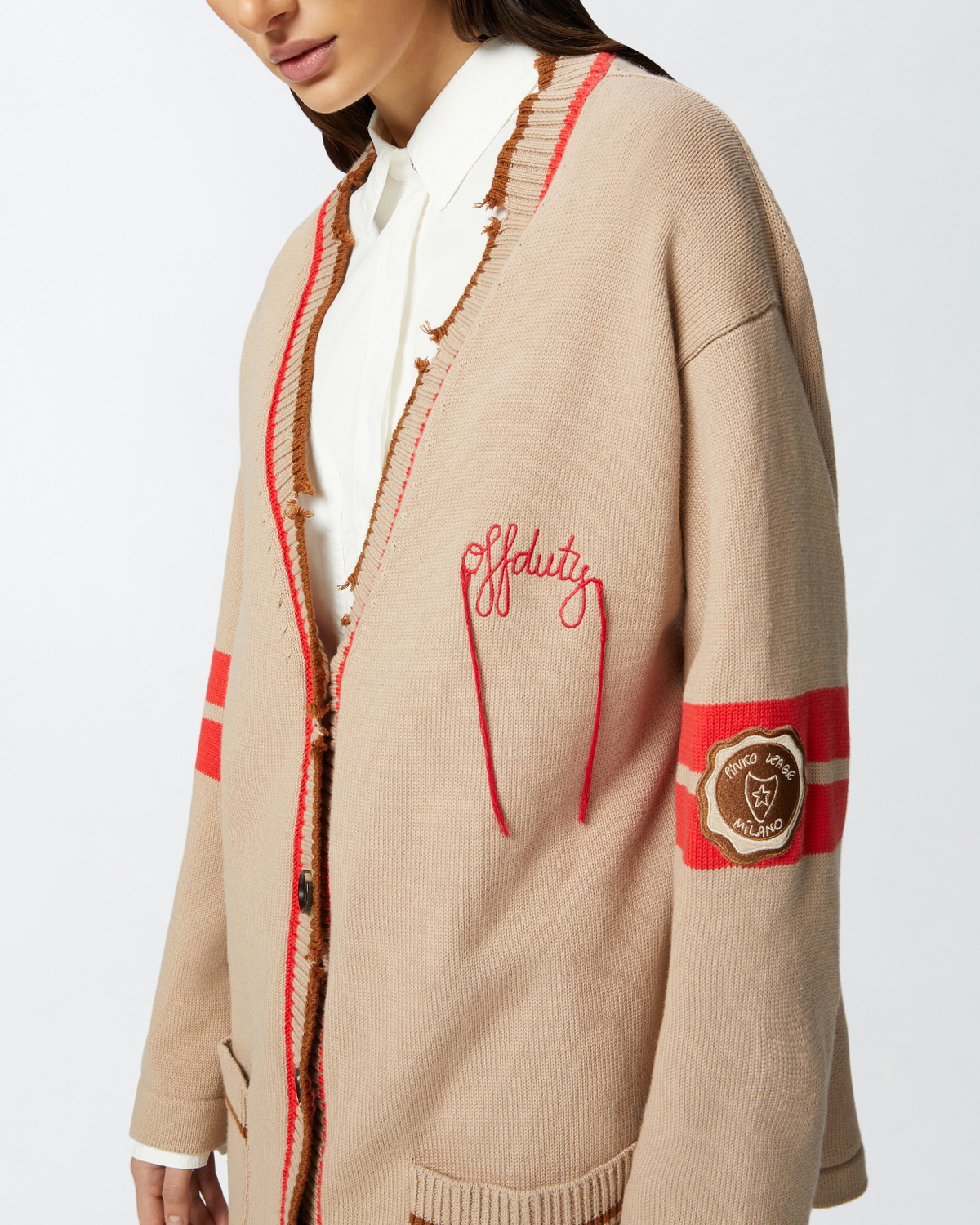 Pinko Varsity Style Cardigan With Embroidery And Patch Multicolour: Beige/Red