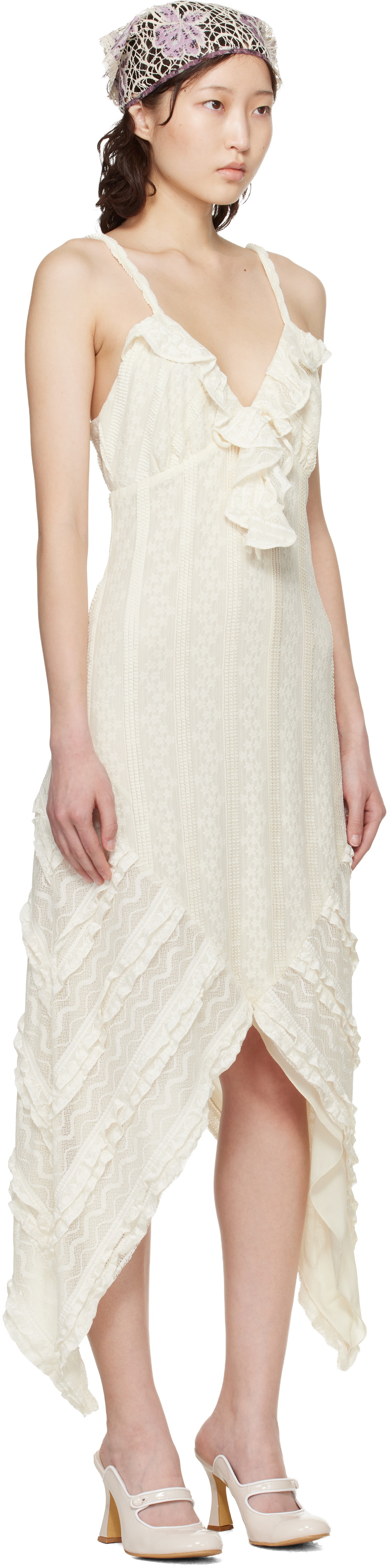 Anna Sui Off-White Floral Ruffle Stretch Lace Handkerchief Midi Dress