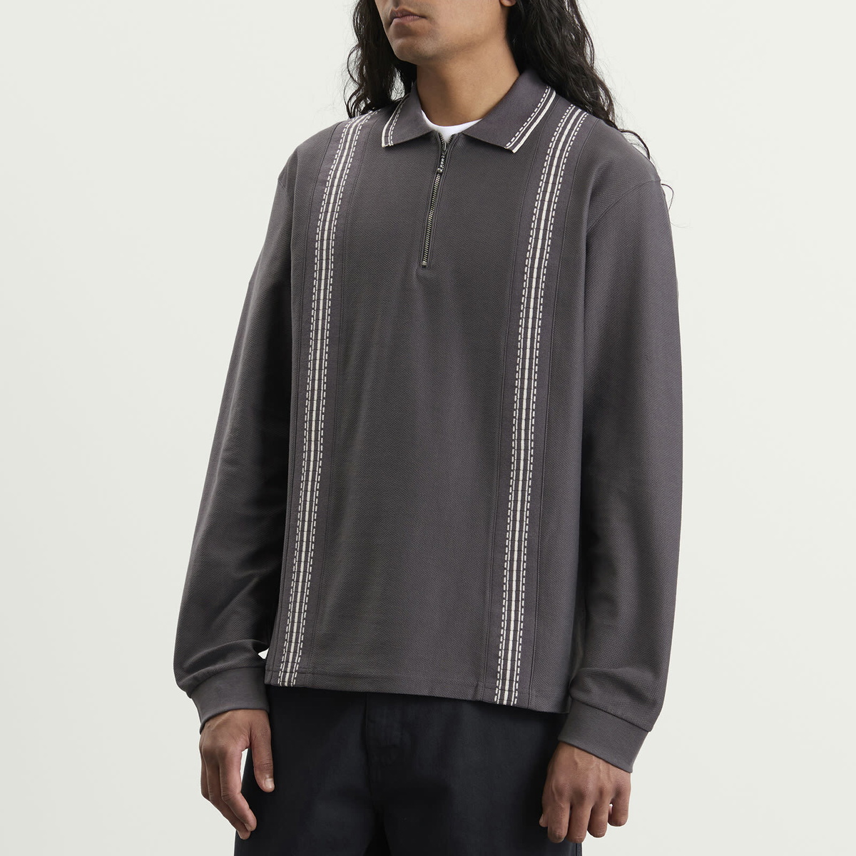 Palmes Men's Panel Longsleeve Zip Polo in Charcoal