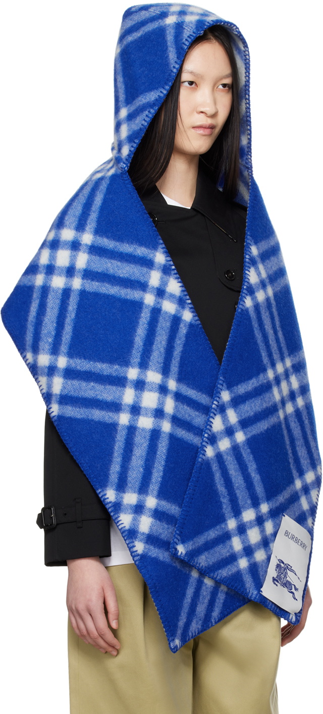 Burberry Blue & Gray Check Wool Hooded Scarf Burberry