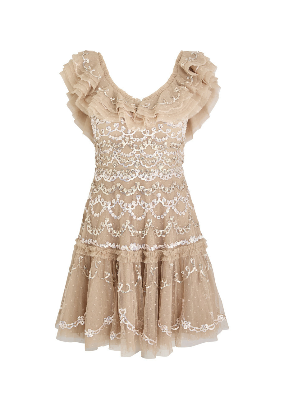 blue dress for baby girl Needle & Thread Cream Beige Print Sleeved Ruffle Detail Maxi Dress –  Phoenix Style main image 1
