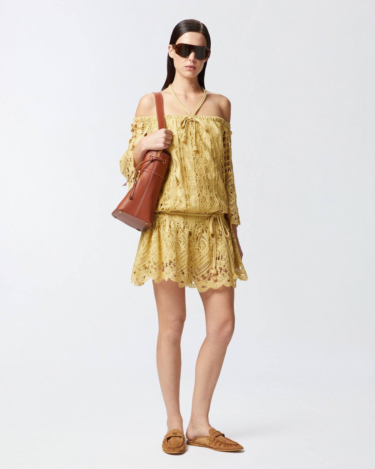 Pinko Open Shoulder Mini Dress With Openwork Rattan Yellow