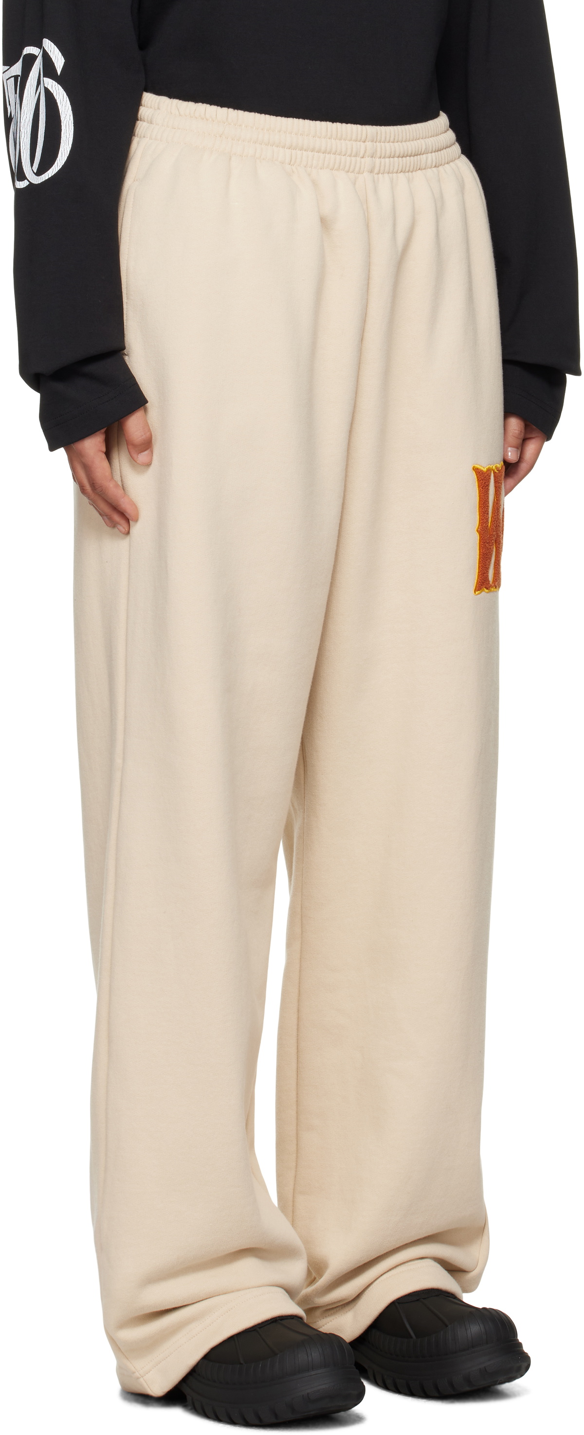 We11done Beige Bouclé Letter Logo Wide Lounge Pants