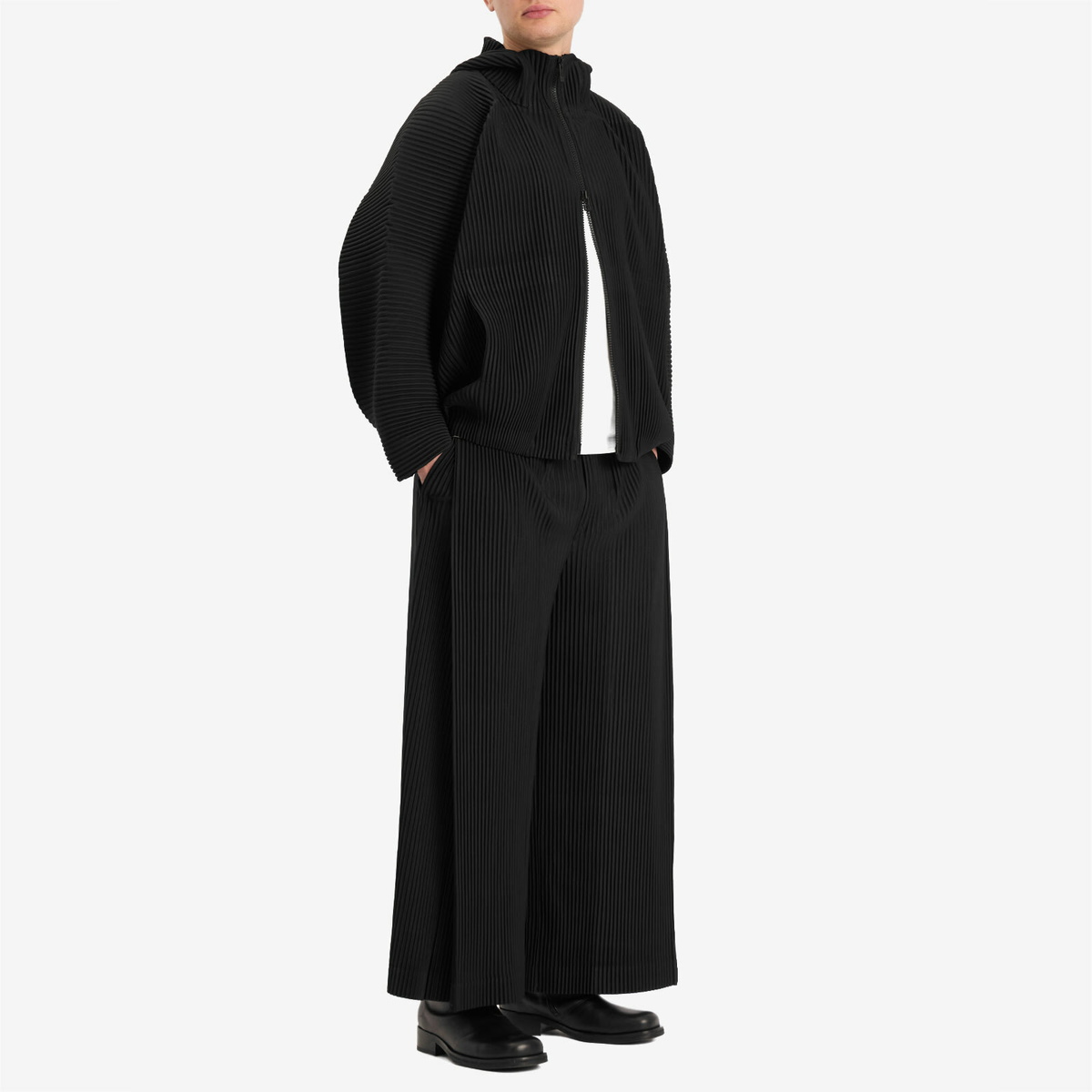 Homme Plissé Issey Miyake Men's Pleated Zip Hoody in Black Homme
