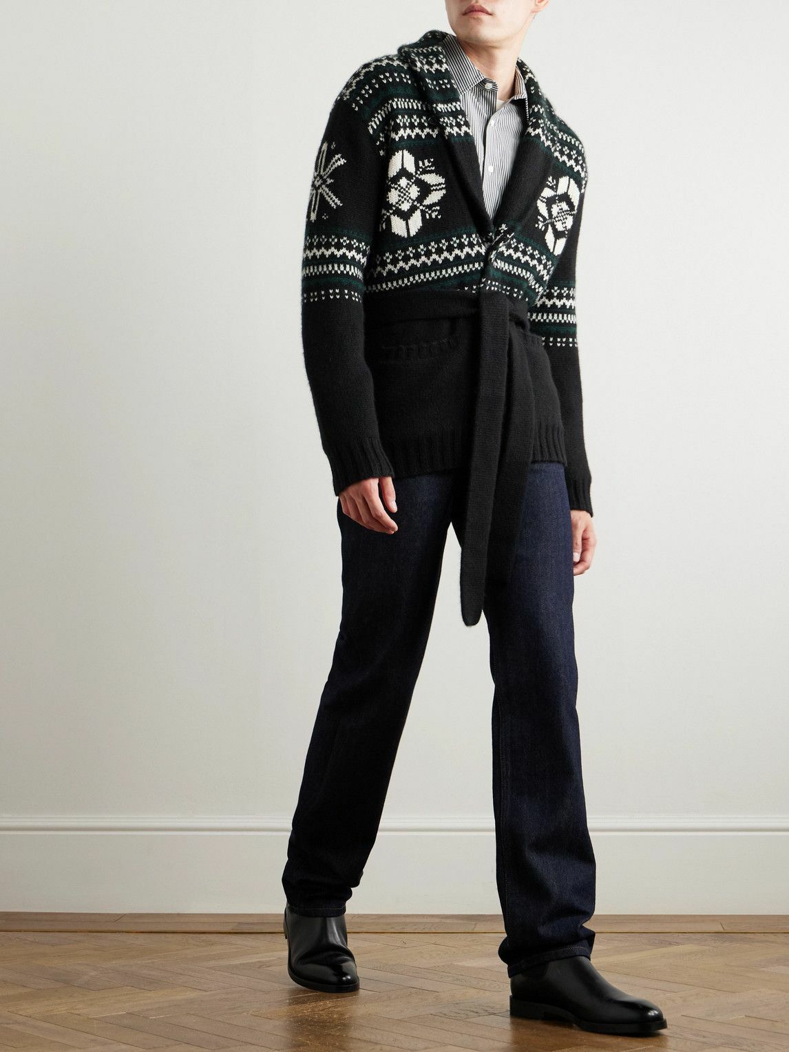 Ralph Lauren Purple label - Shawl-Collar Belted Jacquard-Knit Cashmere Cardigan - Black