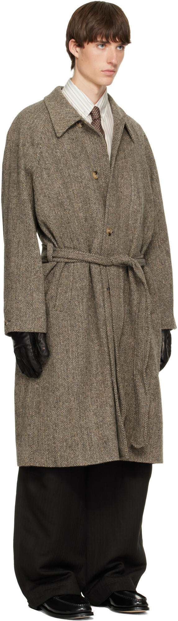 Paul Smith Brown Harris Tweed Herringbone Belted Coat