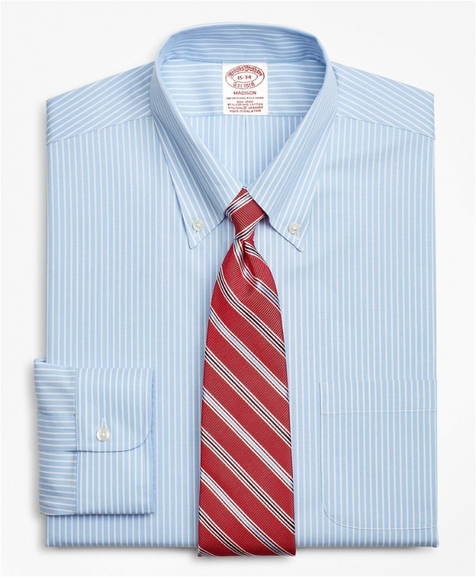 Photo: Brooks Brothers Men's Stretch Madison Relaxed-Fit Dress Shirt, Non-Iron Stripe | Blue