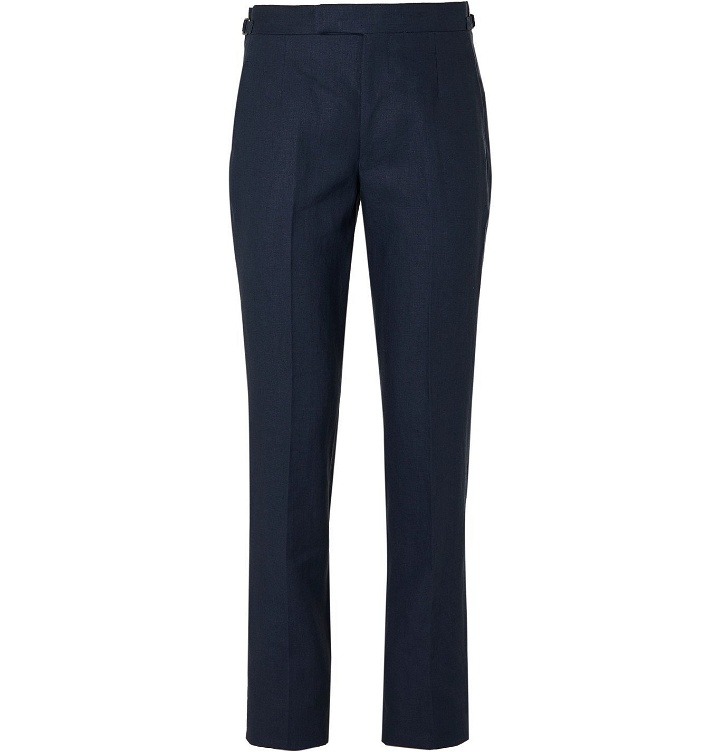Photo: Anderson & Sheppard - Slim-Fit Pleated Linen Trousers - Blue