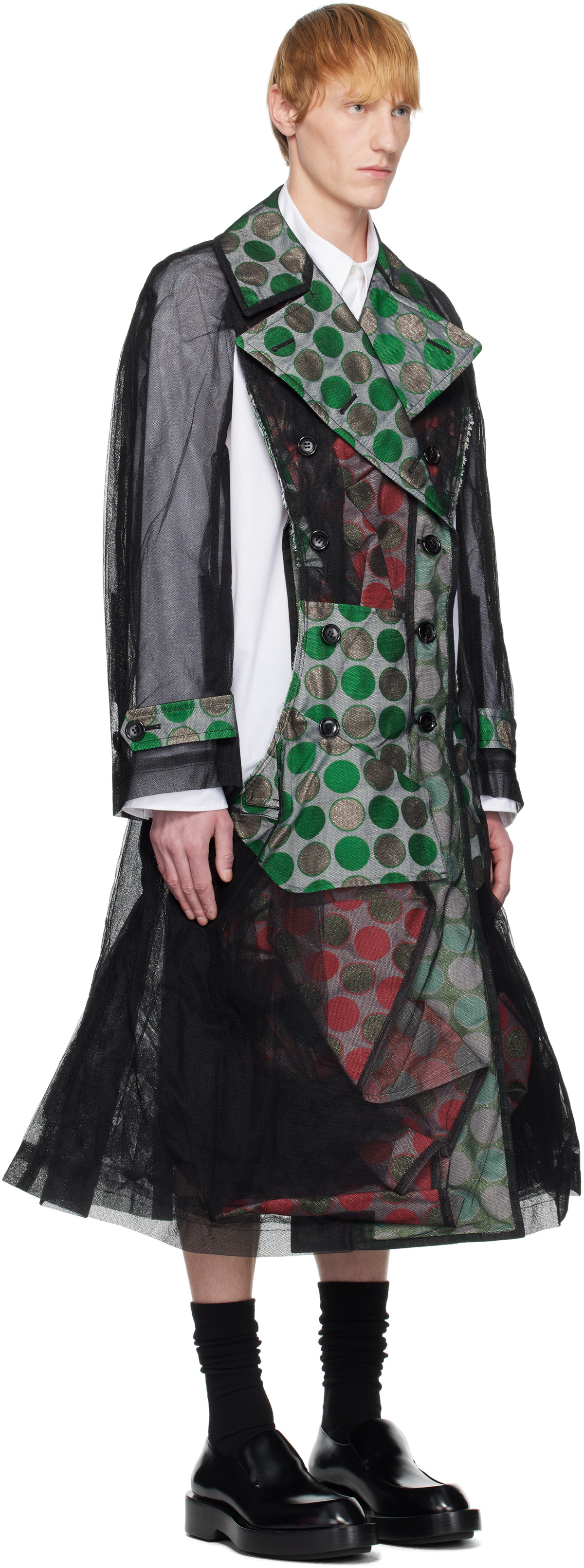 Comme des Garçons Homme Plus Black & Green Tulle & Jacquard Lame Polka Dots Trench Coat